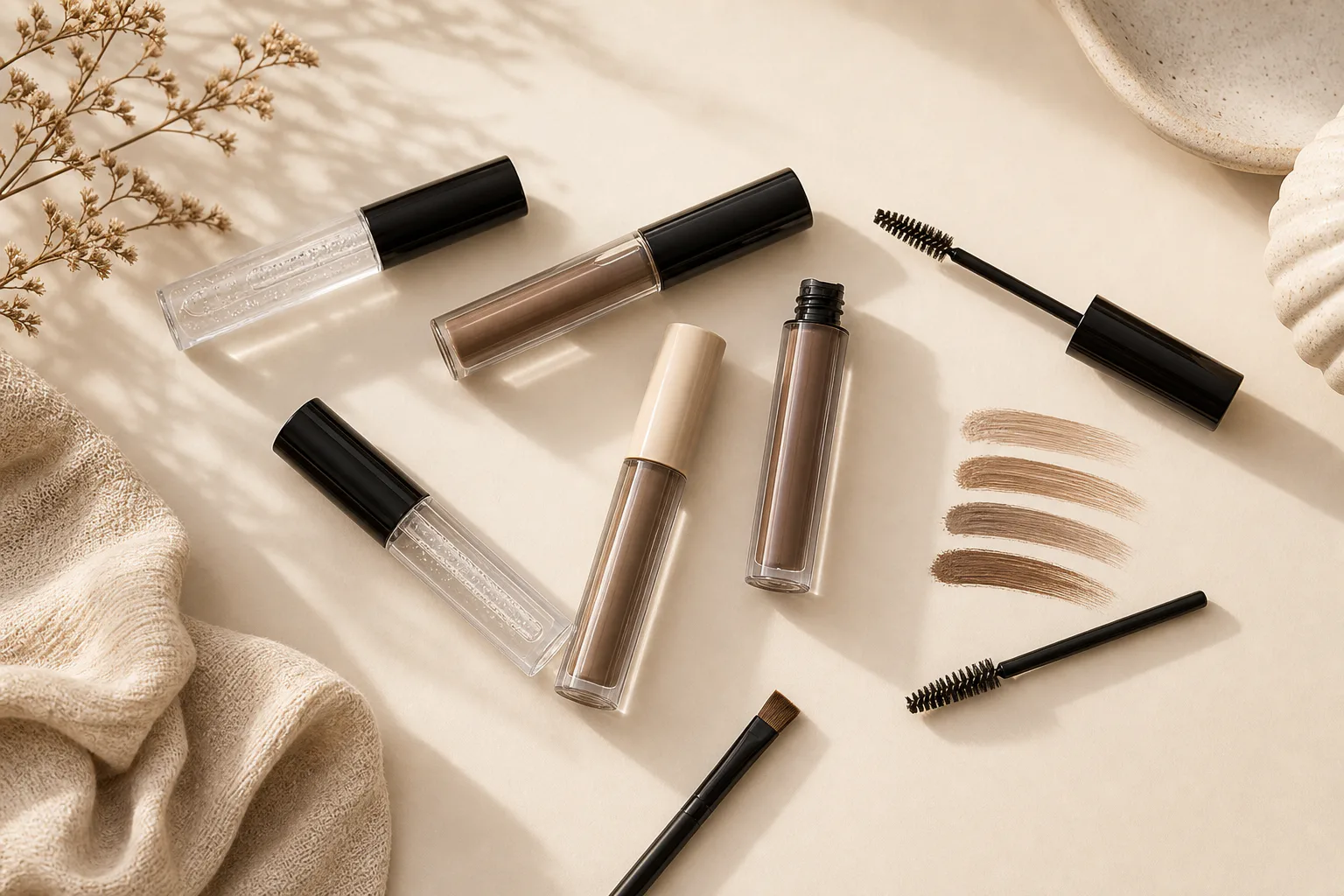 Unbranded clear and tinted brow gel tubes displayed with spoolie brushes