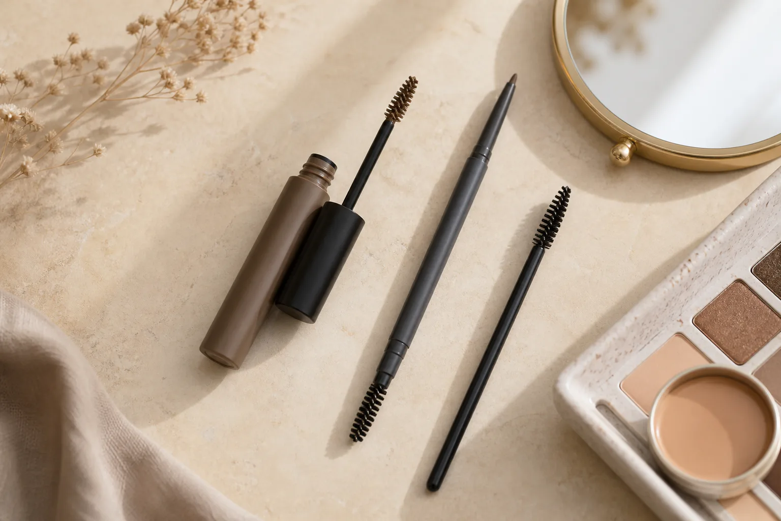 Unbranded tinted fiber brow gel, fine pencil, spoolie, and mirror for filling thin eyebrows