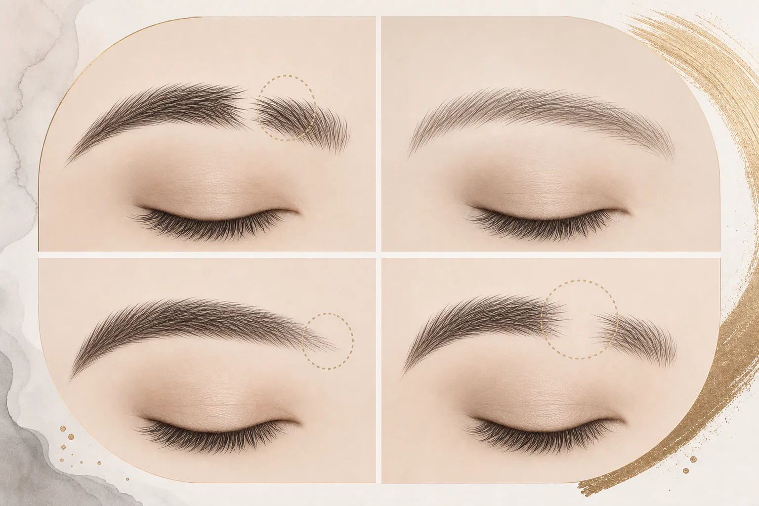 Four sparse brow patterns showing gaps, diffuse thinness, missing tail, and bare area