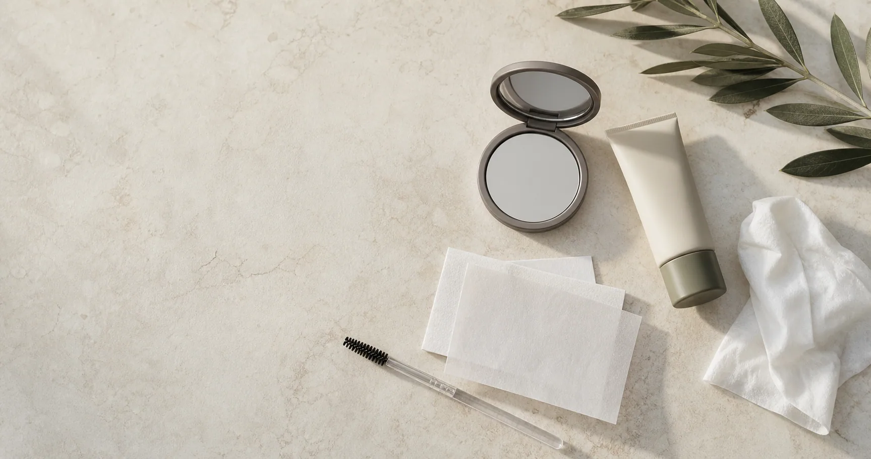 Eyebrow gel for oily skin prep with blotting paper, a clean spoolie, and a mirror