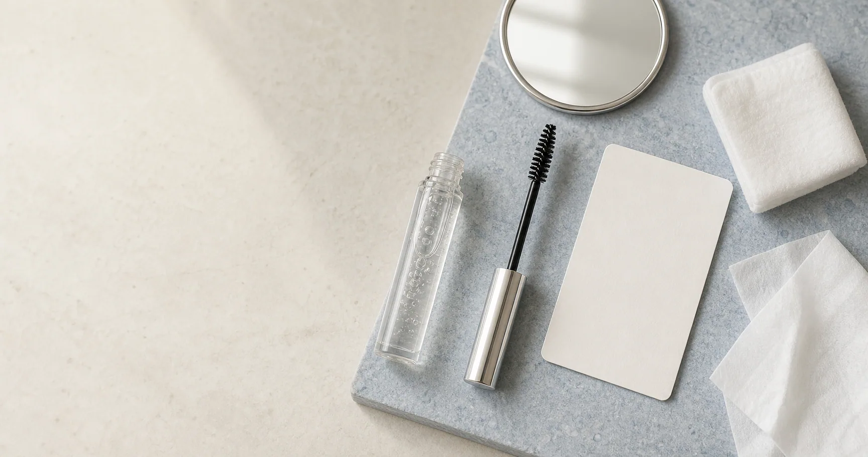 Eyebrow gel for sensitive skin beside a blank ingredient card, clean spoolie, cotton pad, and mirror