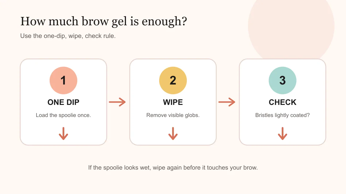 One dip, wipe, check rule showing how much eyebrow gel to use