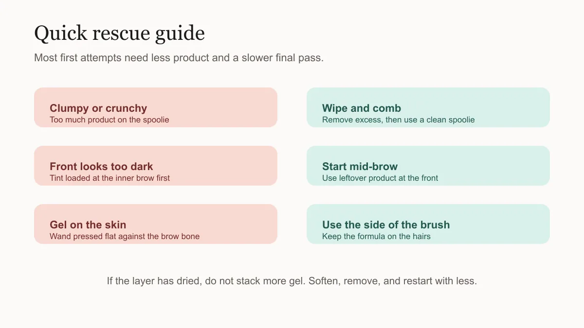 Quick rescue guide matching common eyebrow gel mistakes with simple fixes