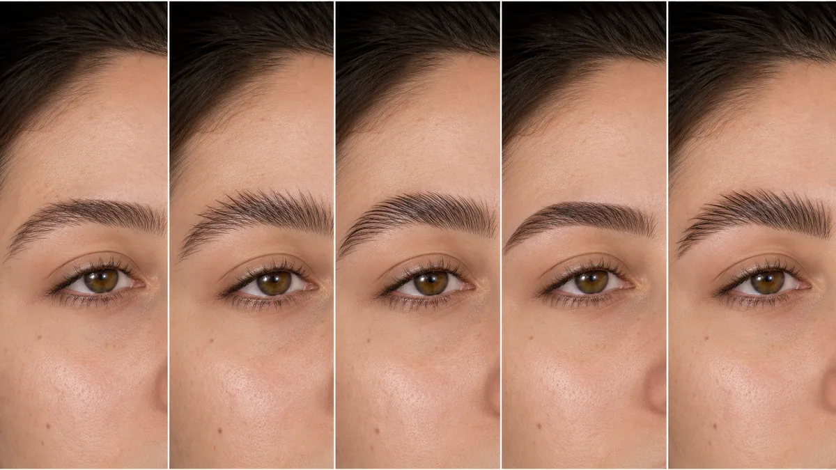 Five eyebrow gel application techniques shown as natural, fluffy, laminated, polished, and editorial looks