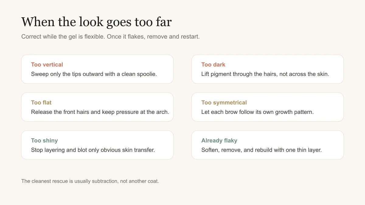 Correction chart for eyebrow gel that looks too vertical, dark, flat, shiny, or flaky