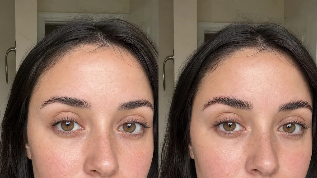 Illustrative before and after showing how to apply eyebrow gel for a fluffy feathered finish