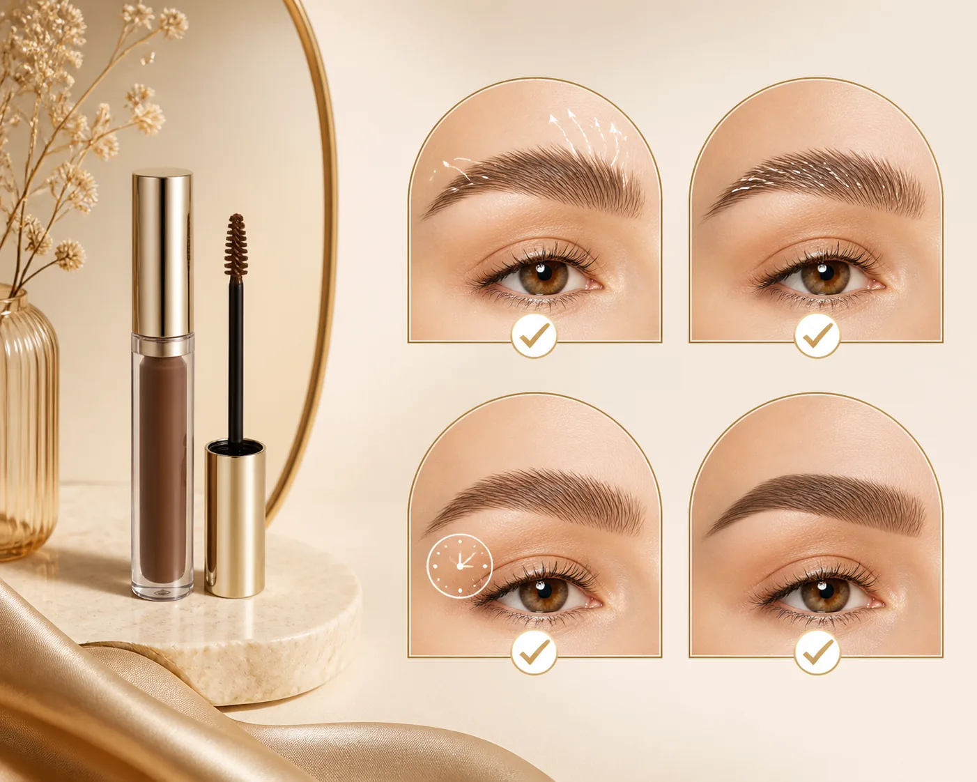 Benefits of eyebrow gel shown as hold, shape, time saving, and everyday grooming