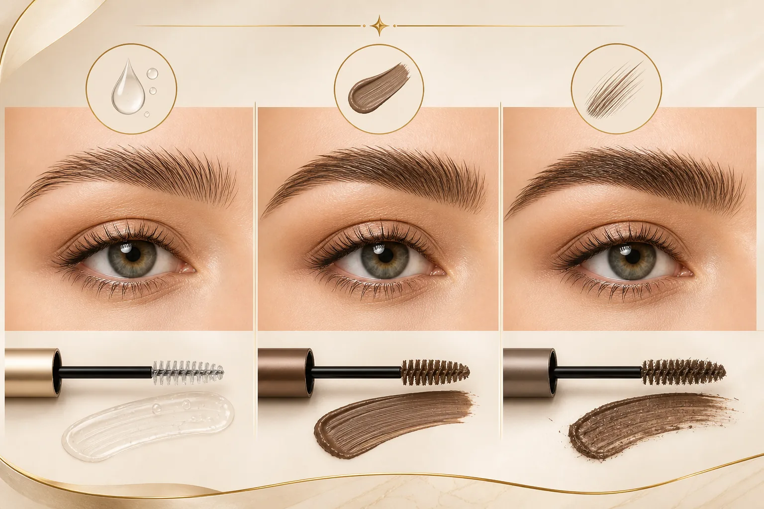 Clear, tinted, and fiber eyebrow gel types compared with hold and finish