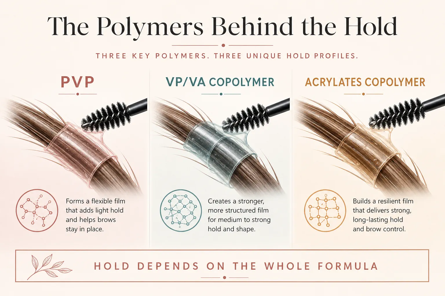 PVP, VP/VA copolymer, and acrylates copolymer explained as brow gel hold polymers