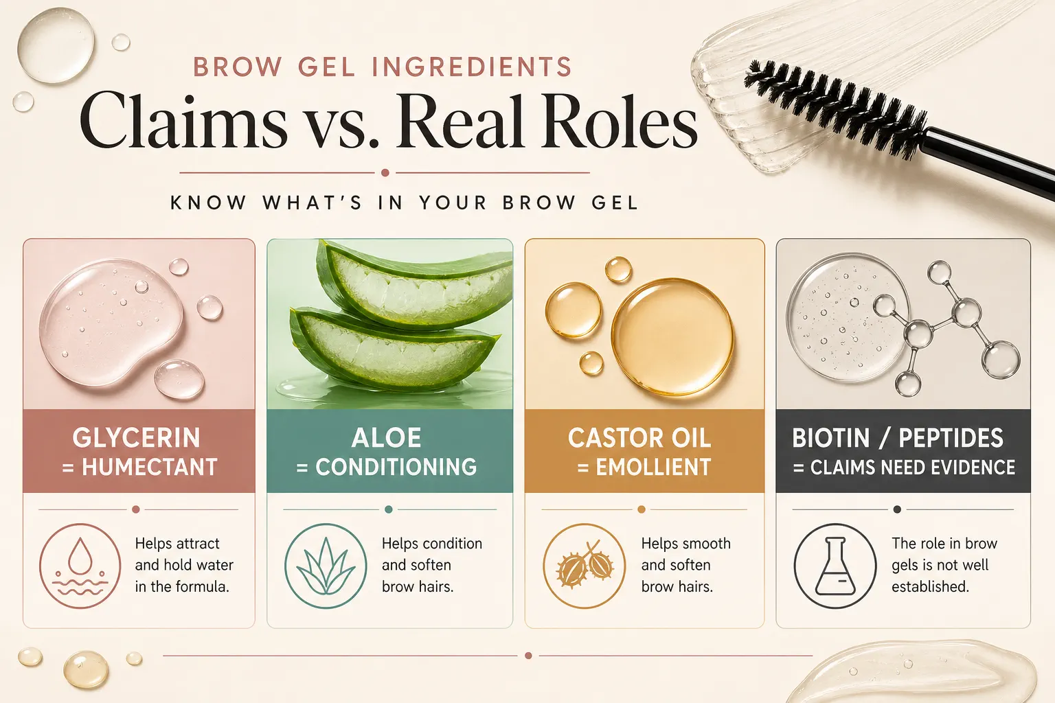 Brow gel ingredients guide comparing glycerin, aloe, castor oil, biotin, and peptides by real formula role