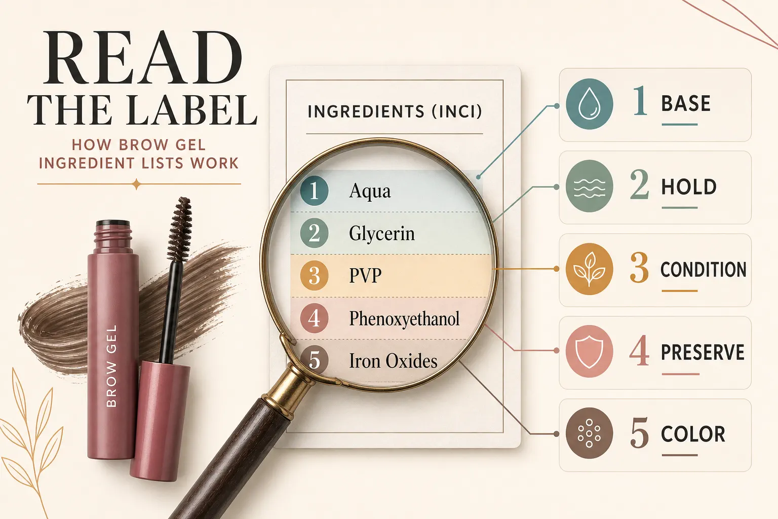 Brow gel ingredients guide showing how to read an INCI label by base, hold, conditioning, preservation, and color
