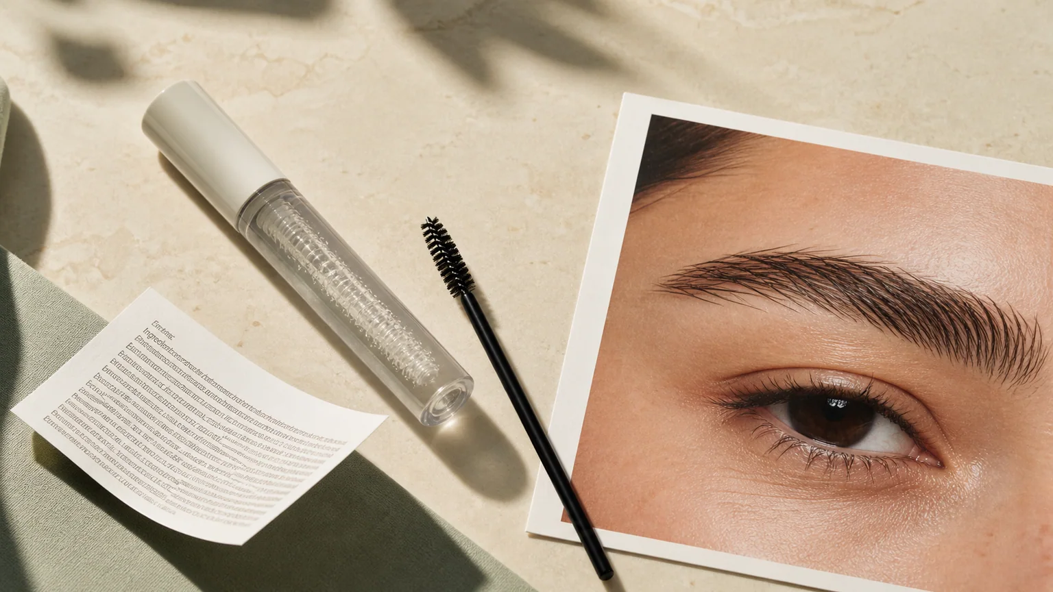 Bad ingredients in brow gel label guide with clear gel, spoolie, ingredient list, and natural eyebrow