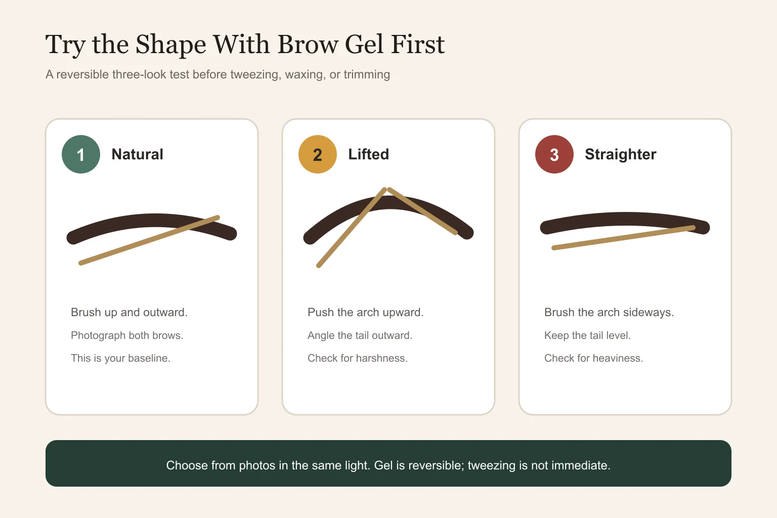 Three-look brow gel test for natural, lifted, and straighter eyebrow shapes
