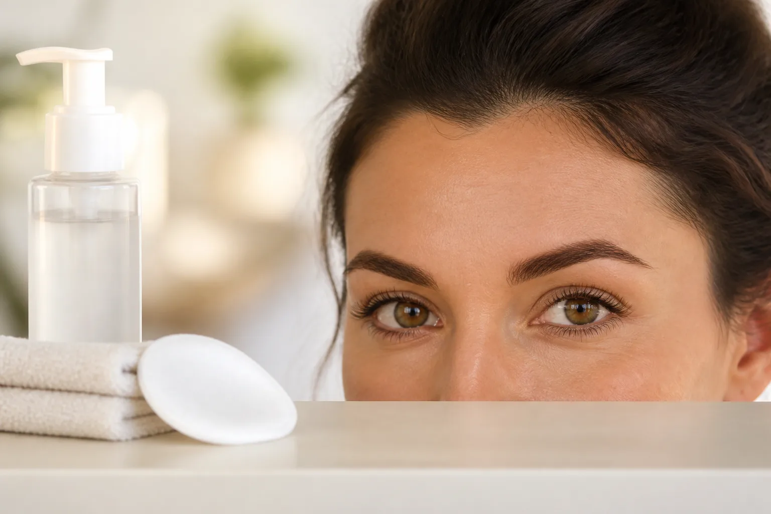 Natural-looking tinted eyebrows with gentle cleanser and cotton pad