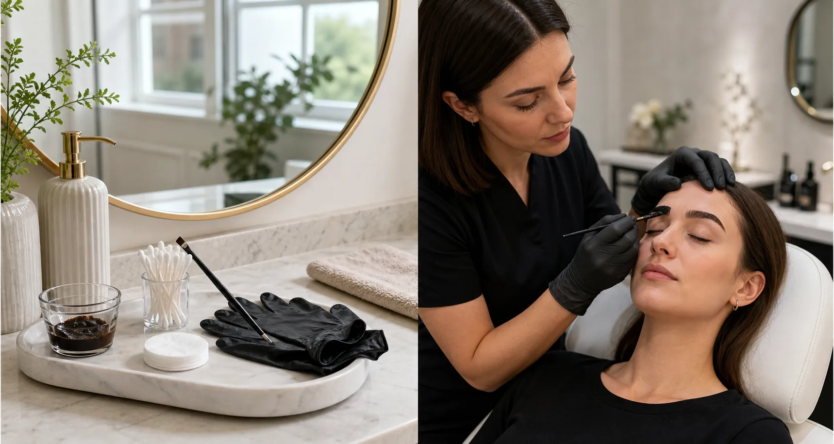 Visual comparison of an at-home eyebrow tint setup and a professional salon tint
