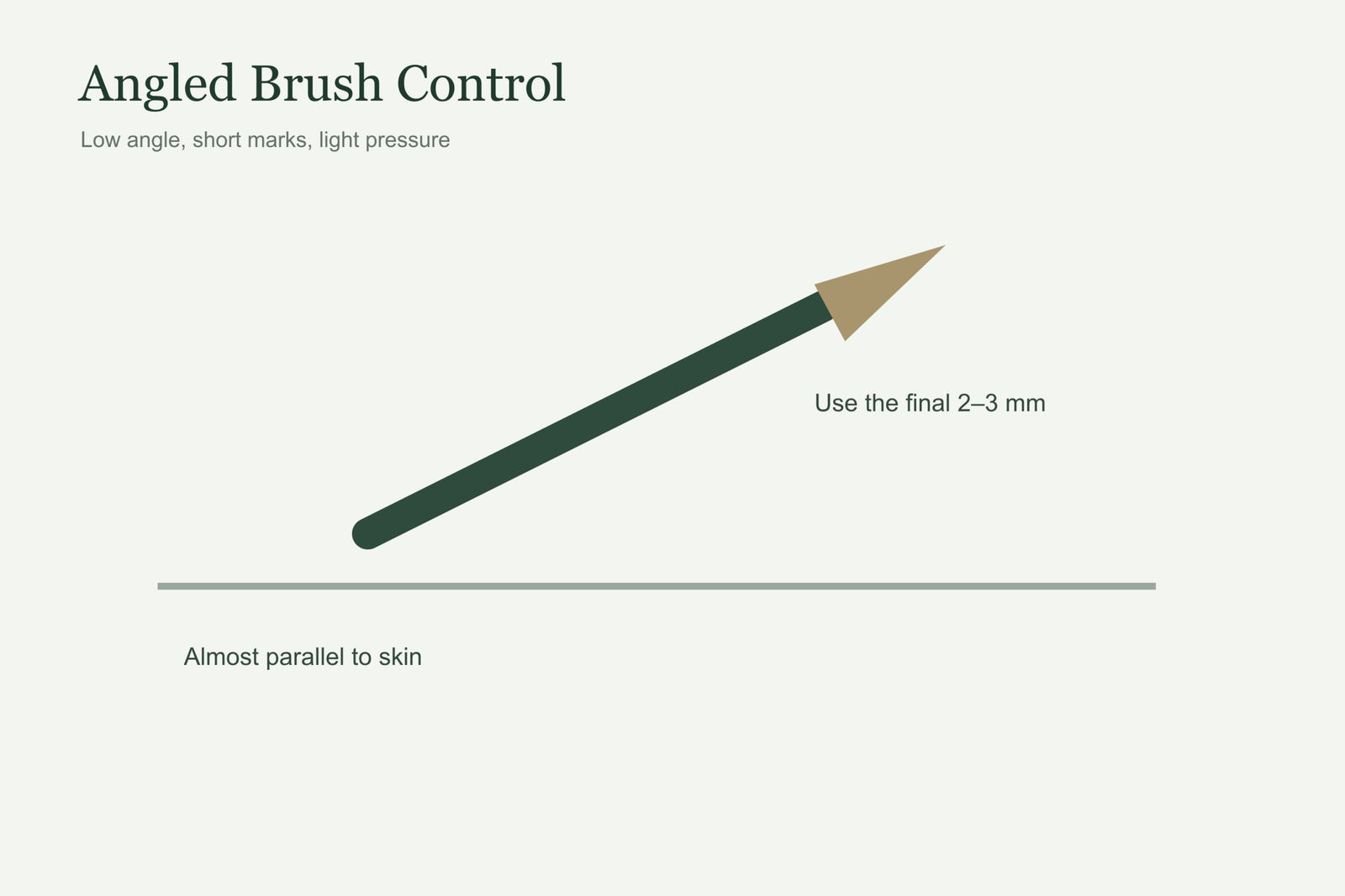 Angled brow brush position for applying tinted eyebrow gel with short strokes