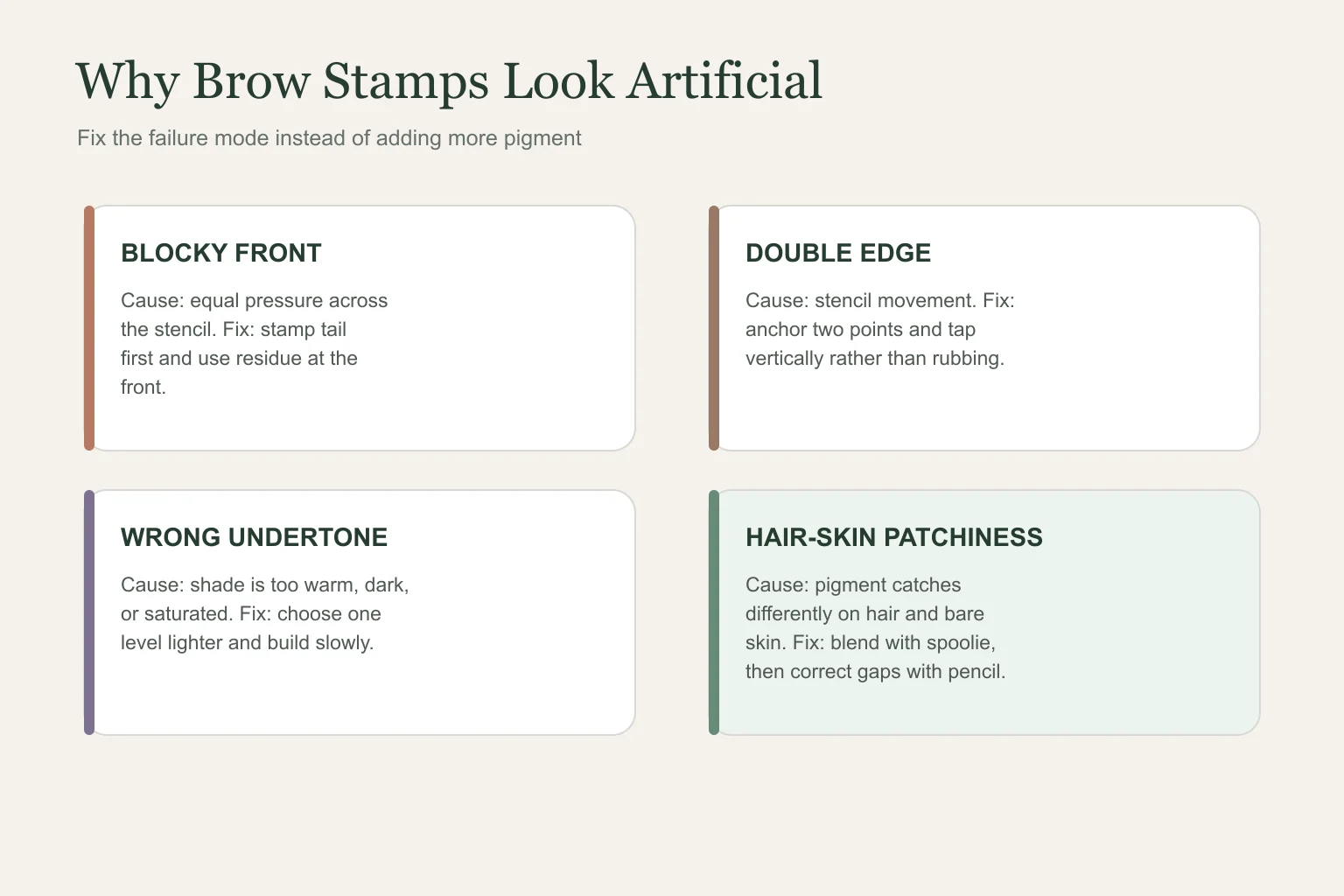 Stamp on brows guide fixes for blocky fronts stencil movement shade mismatch and patchy pigment